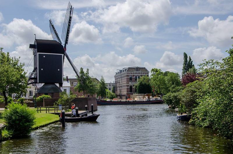 Красивые города Нидерландов: пейзаж Лейдена с мельницей