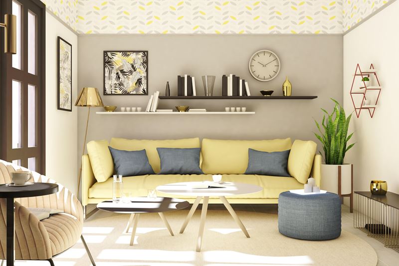 Сочетание цветов в интерьере - жёлтый диван в бежевой комнате с серыми акцентами