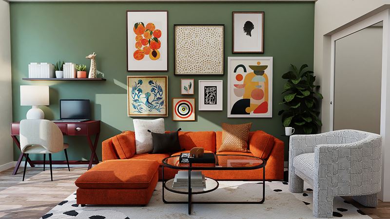 Яркие оттенки в интерьере - оранжевый диван и оливковая стена